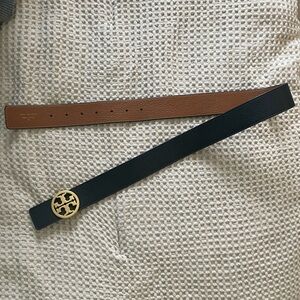 Tory Burch Black and Brown Leather Belts with Gold Logo Buckle